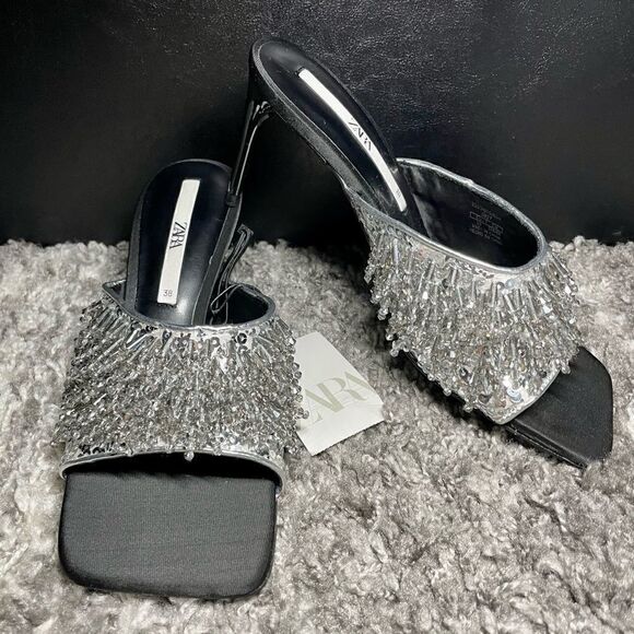 NWT Zara Sparkly Beaded Heeled Sandals - Picture 1 of 10
